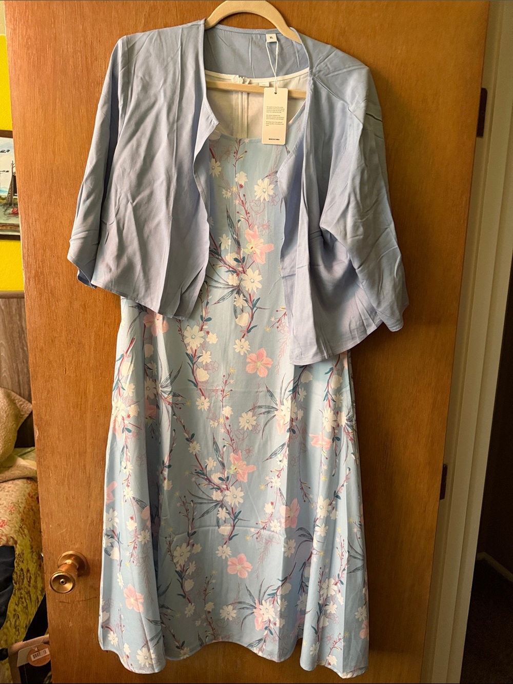 Light Blue Floral A-Line Dress with Matching Jacket